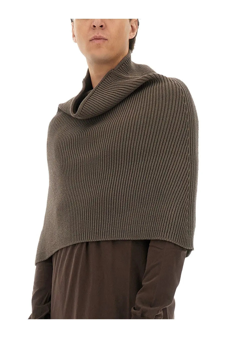 Rick Owens men’s knitted cape grey ribbed olive green poncho with high collar and asymmetrical hemline front view