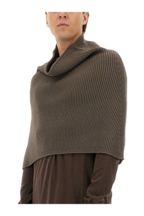 Rick Owens men’s knitted cape grey ribbed olive green poncho with high collar and asymmetrical hemline front view