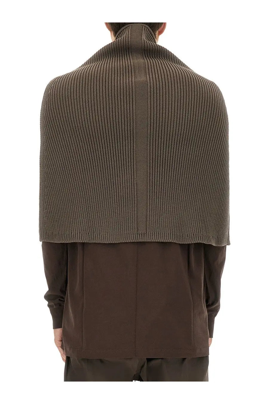 Rick owens men’s knitted cape in olive-green ribbed knit with central seam and structured shoulders shown from the back