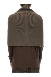 Rick owens men’s knitted cape in olive-green ribbed knit with central seam and structured shoulders shown from the back
