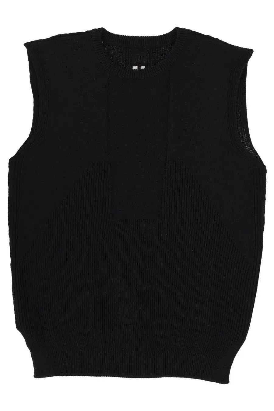 Rick Owens men’s black ribbed knit sleeveless sweater with crew neckline and subtle vertical seam detail