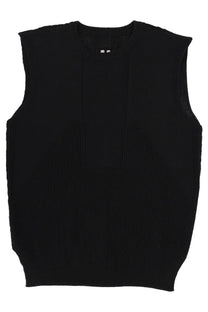 Rick Owens men’s black ribbed knit sleeveless sweater with crew neckline and subtle vertical seam detail