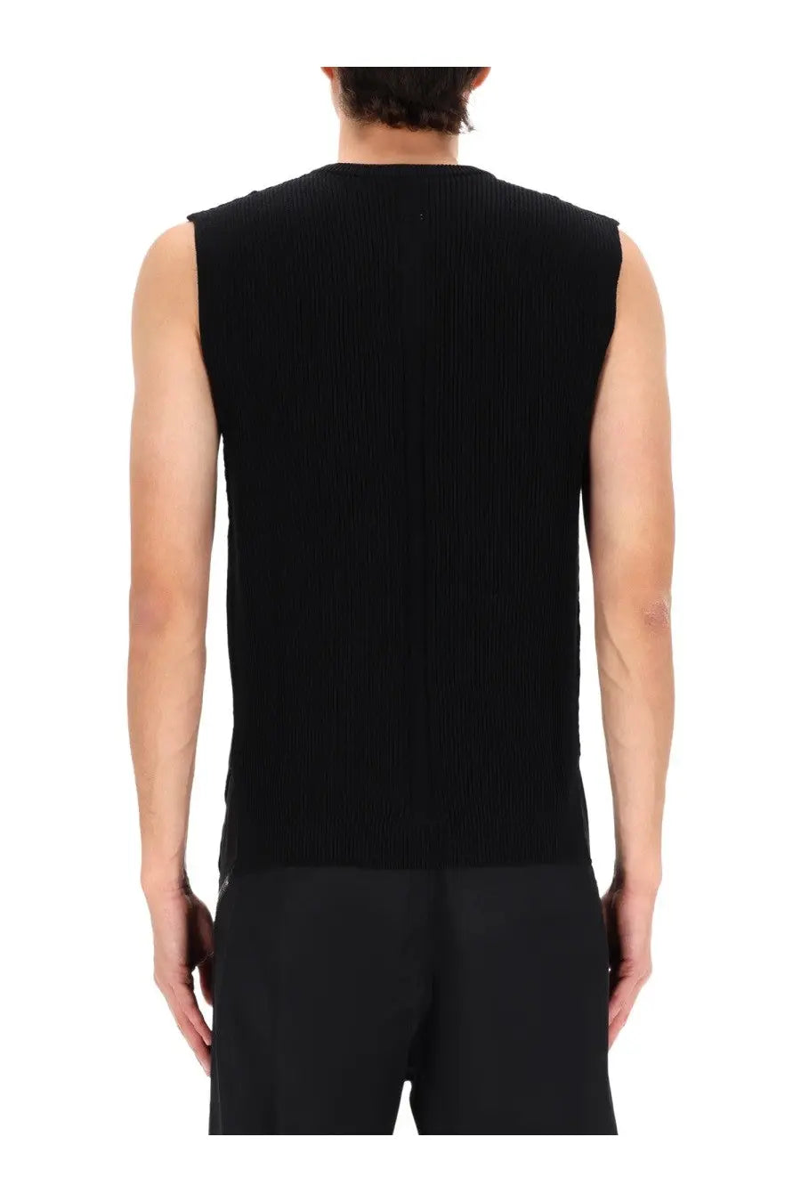 Rick Owens men’s black ribbed knit sleeveless vest showcasing a textured knit design and sleeveless style