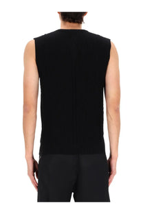 Rick Owens men’s black ribbed knit sleeveless vest showcasing a textured knit design and sleeveless style
