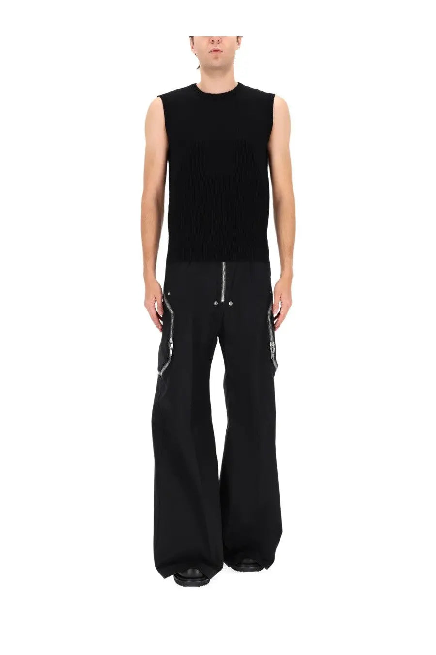 Rick Owens men’s black sleeveless knit top with crew neckline and subtle ribbed texture