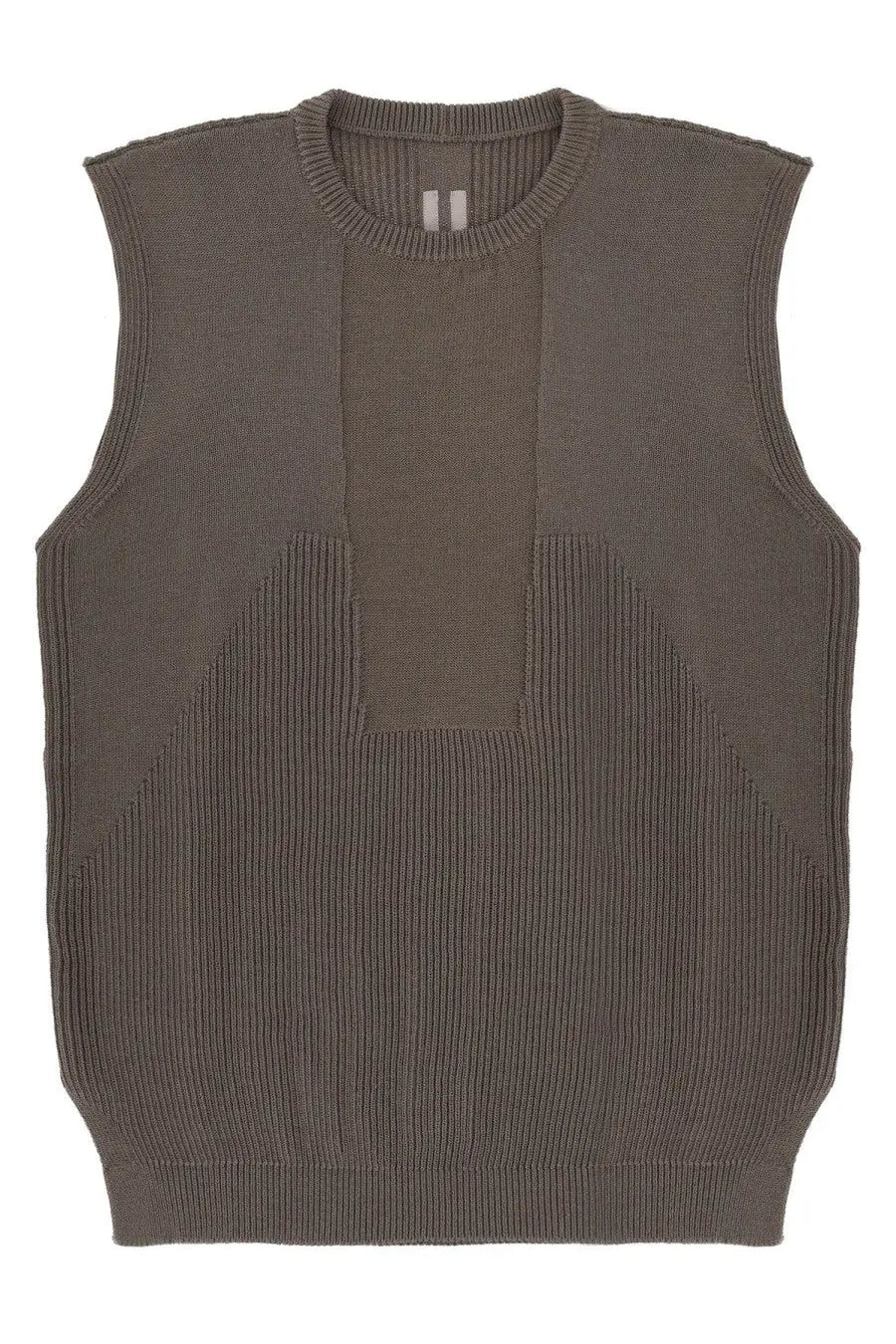 Rick Owens men’s olive green ribbed knit sleeveless sweater with geometric panel design and subtle brand tag at neckline
