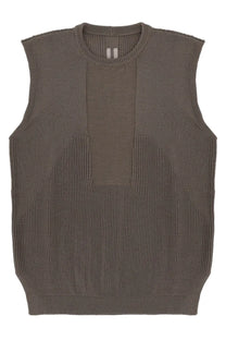 Rick Owens men’s olive green ribbed knit sleeveless sweater with geometric panel design and subtle brand tag at neckline
