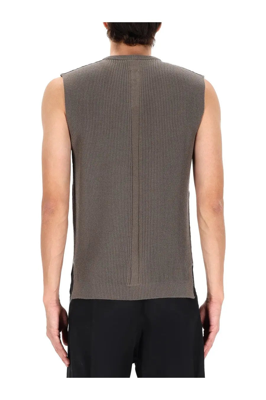 Rick owens men’s knitted brown ribbed sleeveless vest in olive green shown from the back with central seam