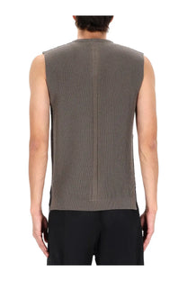 Rick owens men’s knitted brown ribbed sleeveless vest in olive green shown from the back with central seam