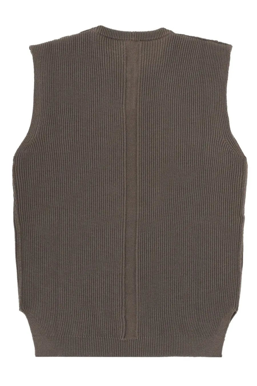 Back view of rick owens men’s brown ribbed olive green knit sleeveless vest with central seam on the back