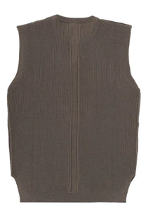 Back view of rick owens men’s brown ribbed olive green knit sleeveless vest with central seam on the back