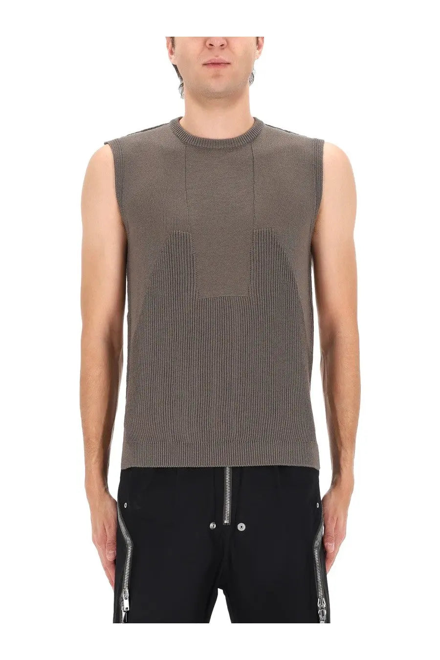 A sleek sleeveless knit top in brown taupe with ribbed vertical panels and crew neckline from Rick Owens menswear