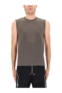 A sleek sleeveless knit top in brown taupe with ribbed vertical panels and crew neckline from Rick Owens menswear