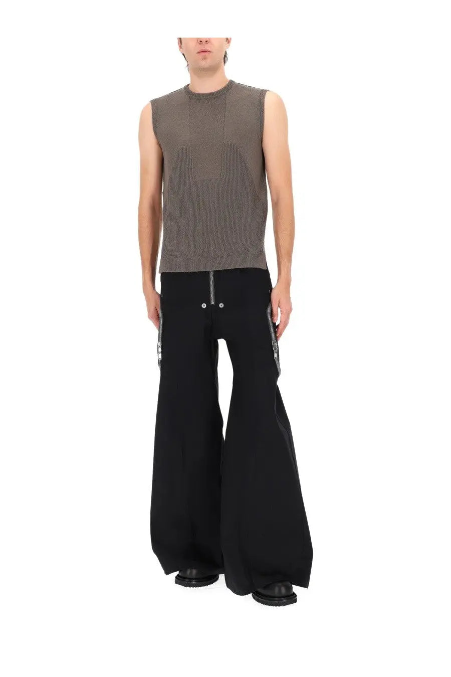 Rick Owens men’s sleeveless taupe ribbed knit top with subtle vertical texture and rounded neckline