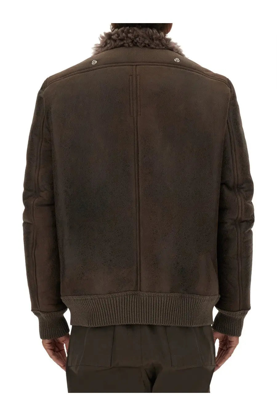 Rick Owens men’s leather bomber jacket grey with brown suede body plush fur-lined collar and ribbed knit cuffs