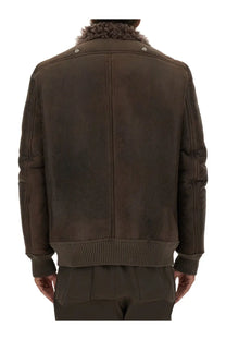 Rick Owens men’s leather bomber jacket grey with brown suede body plush fur-lined collar and ribbed knit cuffs