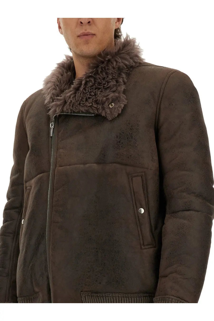 Rick Owens men’s brown suede bomber jacket with plush fur collar and silver-toned zipper accents