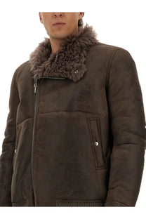 Rick Owens men’s brown suede bomber jacket with plush fur collar and silver-toned zipper accents