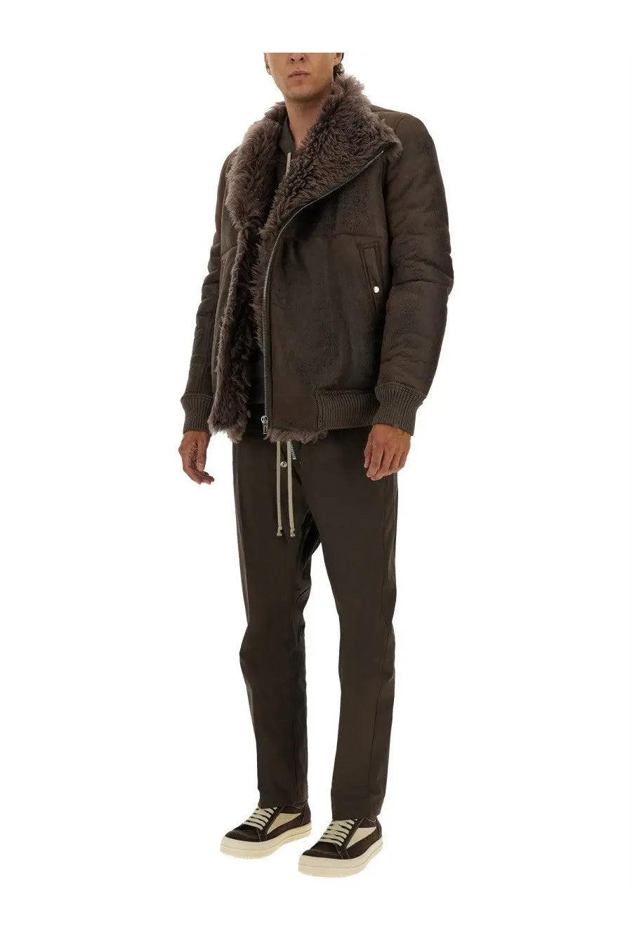 Rick owens men’s leather bomber jacket grey with dark brown suede body and plush textured fur collar