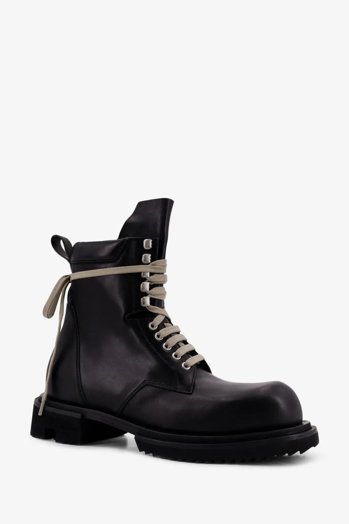 Rick Owens men’s black leather combat boot with beige laces and silver eyelets for durable style and comfort
