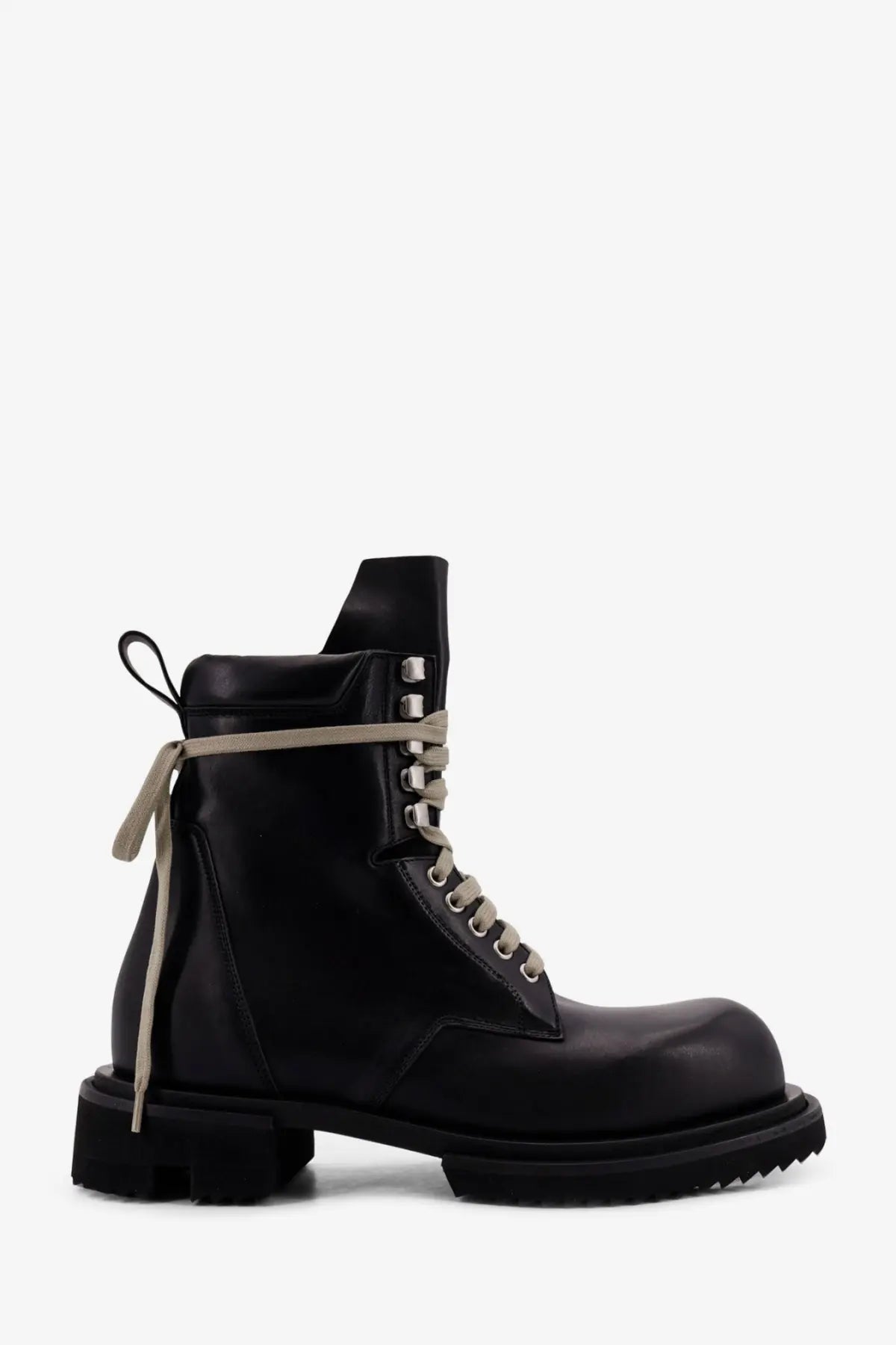 Rick Owens men’s black leather combat boot with contrasting beige laces and silver eyelets
