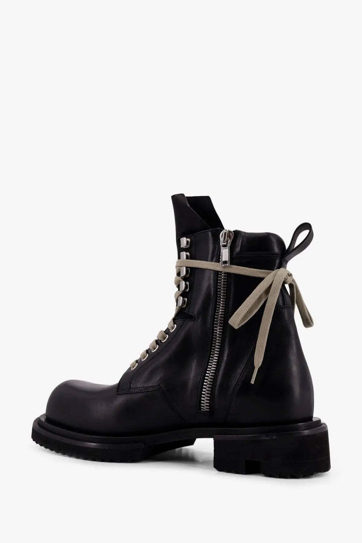 Rick Owens men’s black leather combat boot with beige laces and side zipper for easy wear