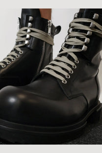 Rick Owens men’s black leather combat boots with chunky sole silver eyelets laces and side zipper detail