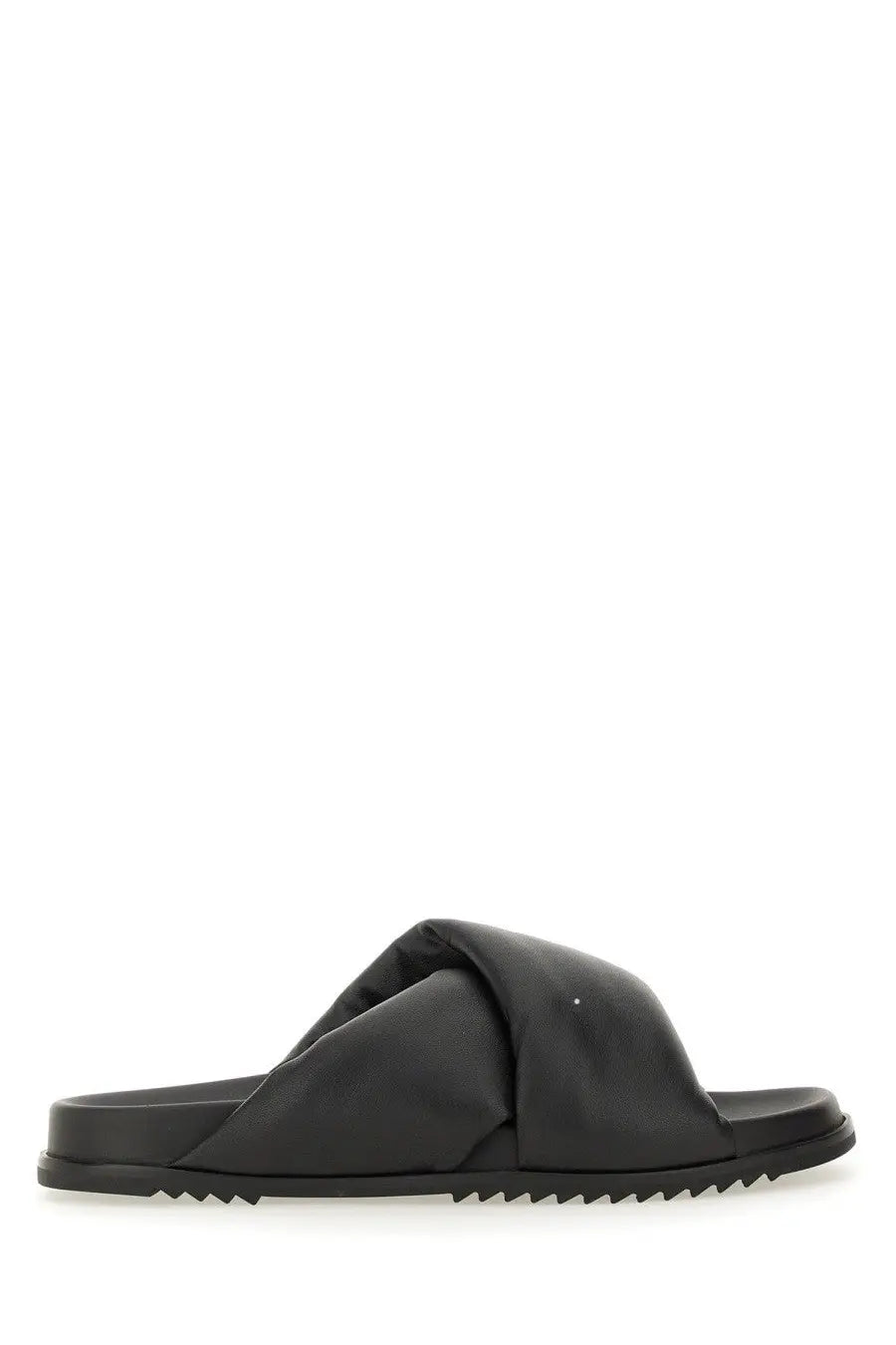 Rick Owens men’s black leather slide sandal with crisscross strap design and textured rubber sole