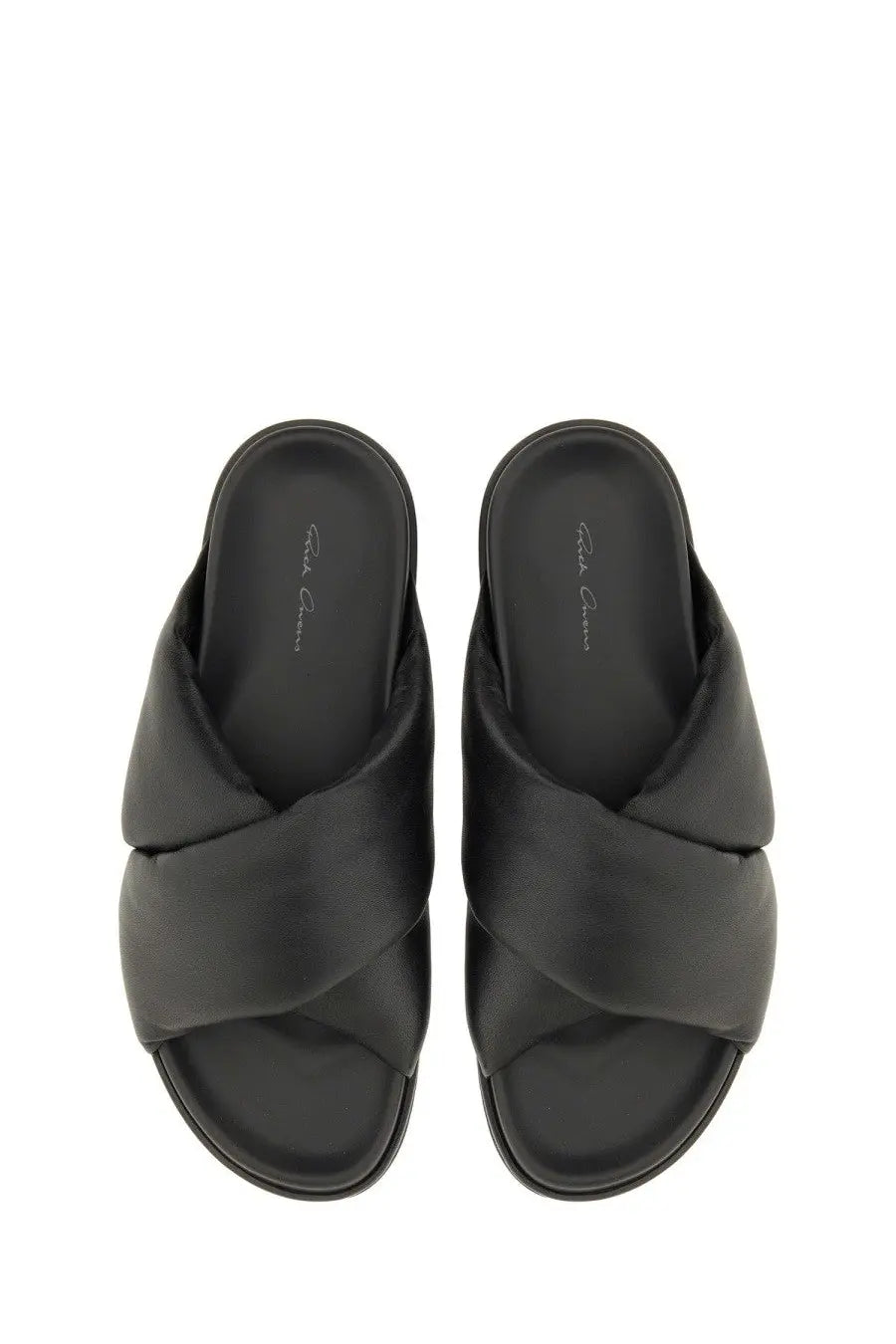 Rick Owens men’s leather slide sandal black with black leather cross straps and minimalist design front view