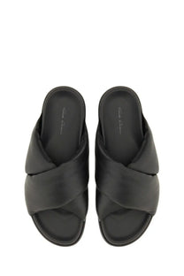 Rick Owens men’s leather slide sandal black with black leather cross straps and minimalist design front view