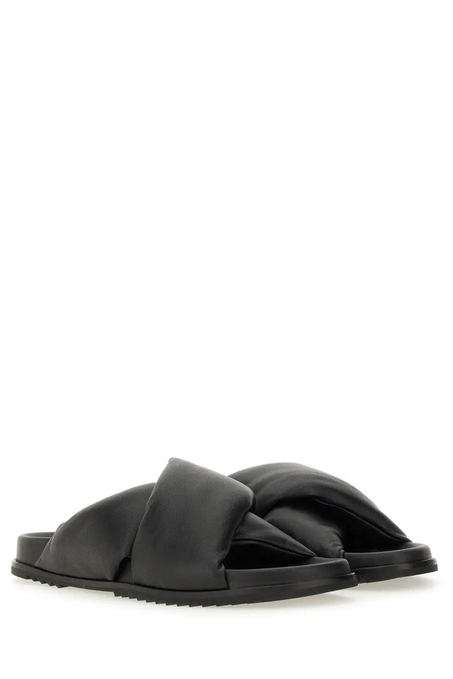 Rick Owens men’s black leather slide sandal with black satin cross-over strap design