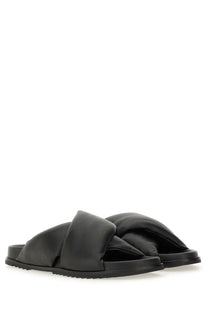 Rick Owens men’s black leather slide sandal with black satin cross-over strap design
