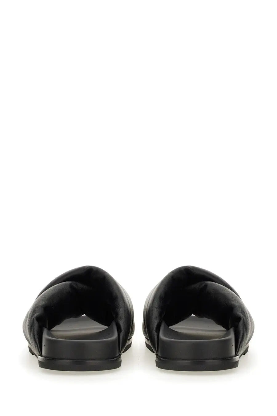 Rick Owens men’s black leather slide sandal with a soft plush upper and flat rubber sole