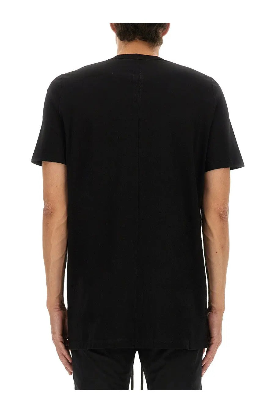Rick Owens men’s level black short-sleeved cotton t-shirt with crew neck and subtle seam detail on the back side