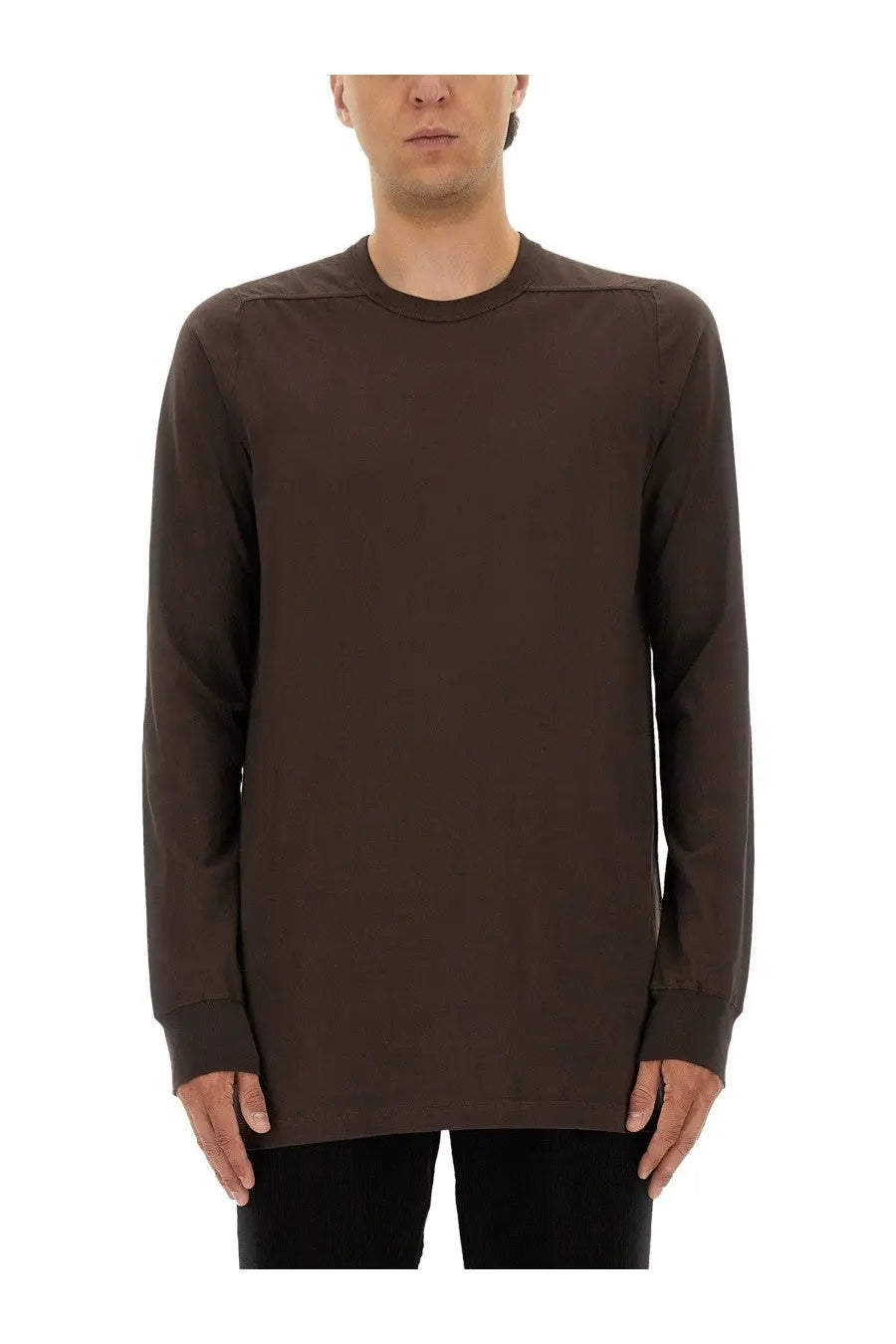 Rick owens men’s long sleeved shirt in dark brown with minimalist design and subtle seam detailing