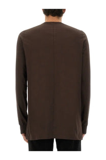 Rick Owens men’s long sleeved brown shirt back view with minimalist design and subtle vertical seam