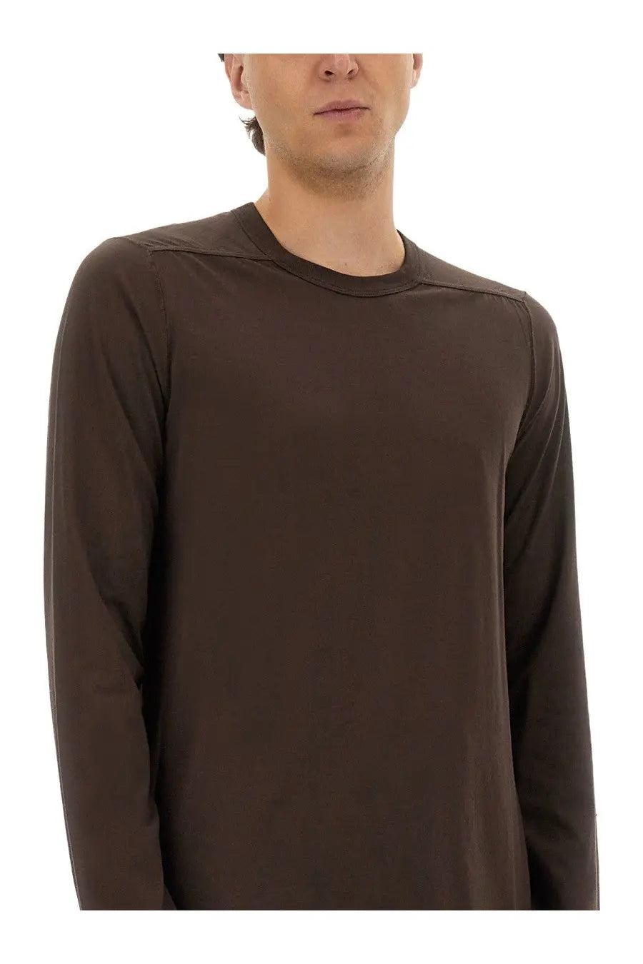 Rick Owens men’s long sleeved shirt in dark brown with minimalist design and subtle seam detailing