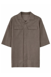 Rick Owens men’s magnum tommy shirt grey minimalist taupe short-sleeved with collar and two front patch pockets
