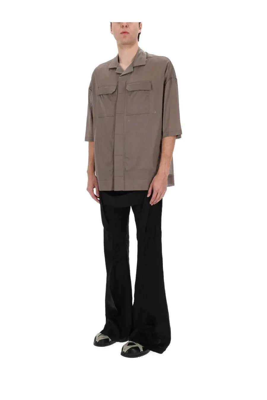 Rick Owens men’s Magnum Tommy shirt in muted taupe with short sleeves, button-up front, and chest pockets