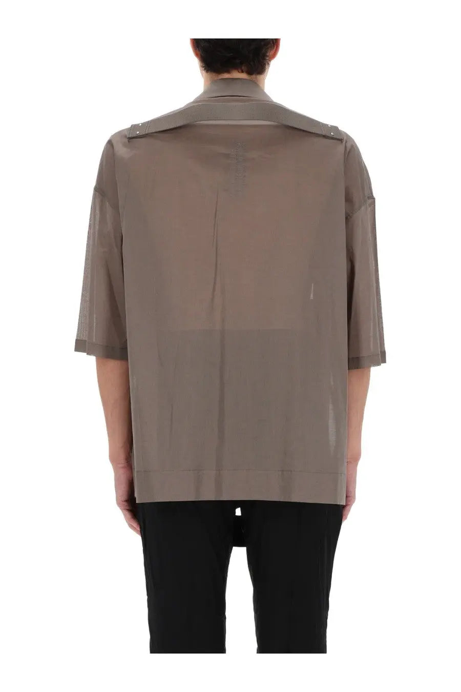 Rick Owens men’s Magnum Tommy shirt grey translucent taupe with structured collar short sleeves and vertical seams