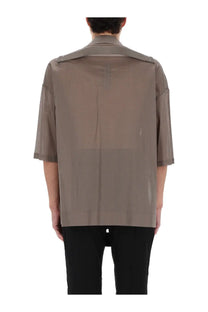 Rick Owens men’s Magnum Tommy shirt grey translucent taupe with structured collar short sleeves and vertical seams