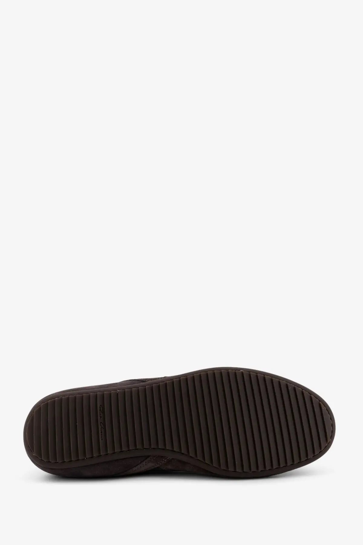 Dark brown rubber sole with textured ribbed pattern on the back of rick owens men’s minimal nylon and suede sneakers multicolor