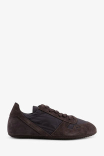 Rick Owens men’s dark brown suede and nylon classic low-top sneakers in multicolor design