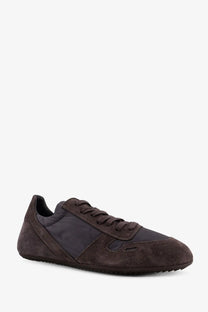 Rick Owens men’s minimal nylon and suede sneaker in dark brown with classic low-top design