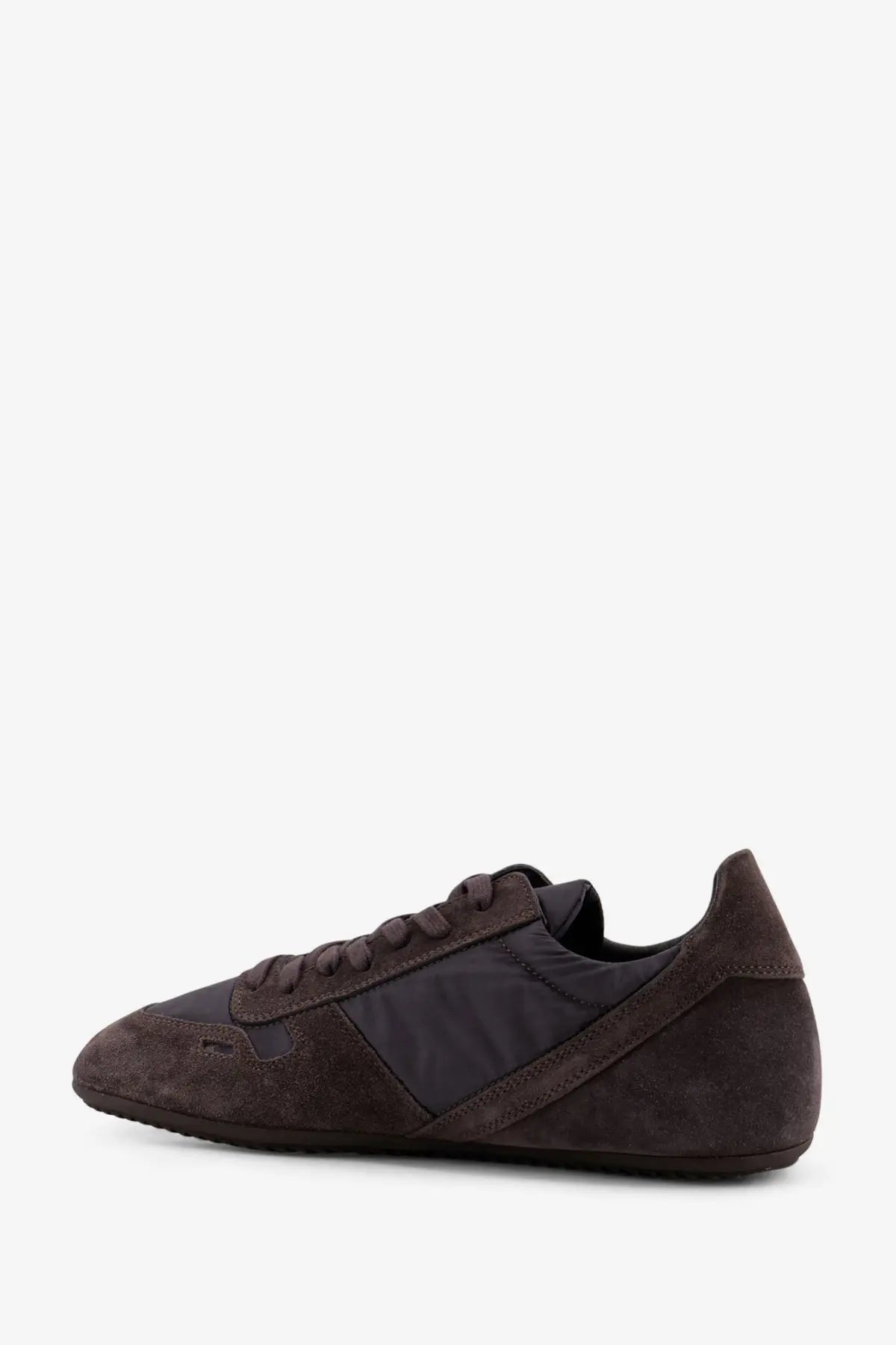 Rick Owens men’s sneaker in dark brown suede and nylon with a minimalist multicolor design