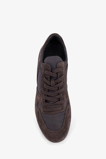 Dark brown suede and synthetic leather rick owens men’s minimal nylon and suede sneaker with classic athletic design