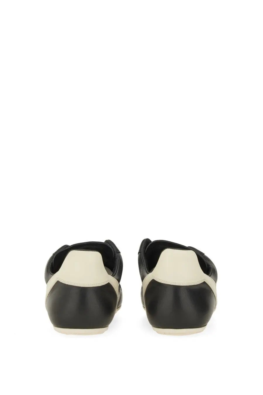 Rick Owens men’s minimal sneak sneaker black black and cream two-tone leather with sleek minimalist design