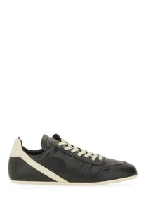 Rick owens men’s minimal sneak sneaker black leather with cream laces heel tab and sole accents seen from the back