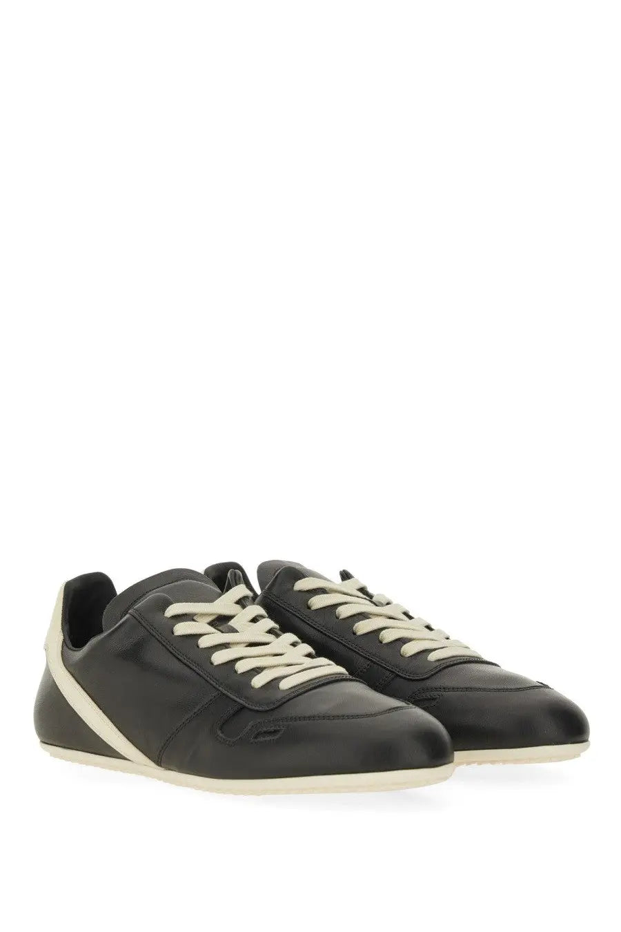 Rick Owens men’s minimal sneak sneaker in black leather with cream laces and matching side stripe