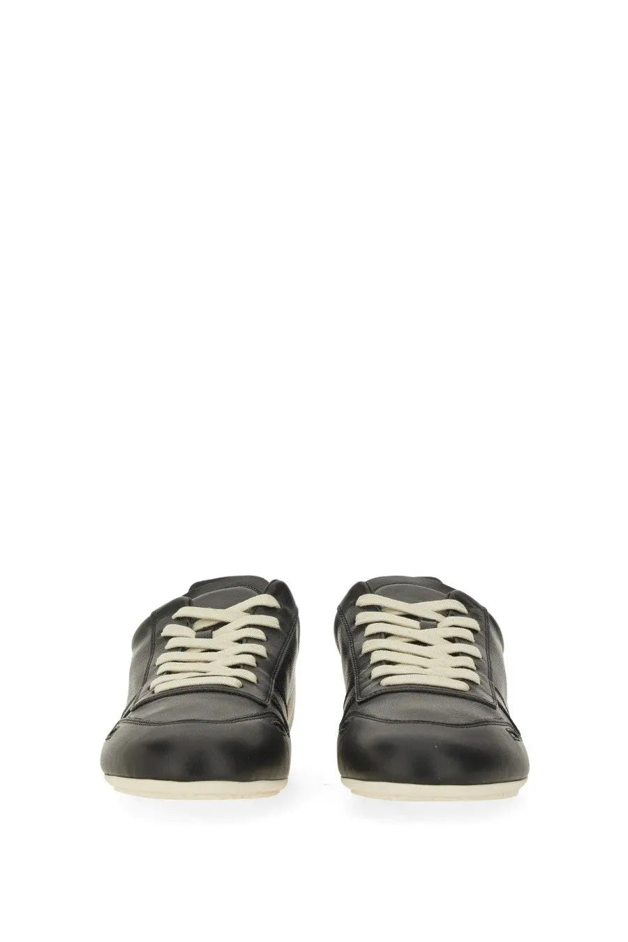 Rick Owens men’s minimal sneak sneaker black with black leather, cream laces, and white rubber sole